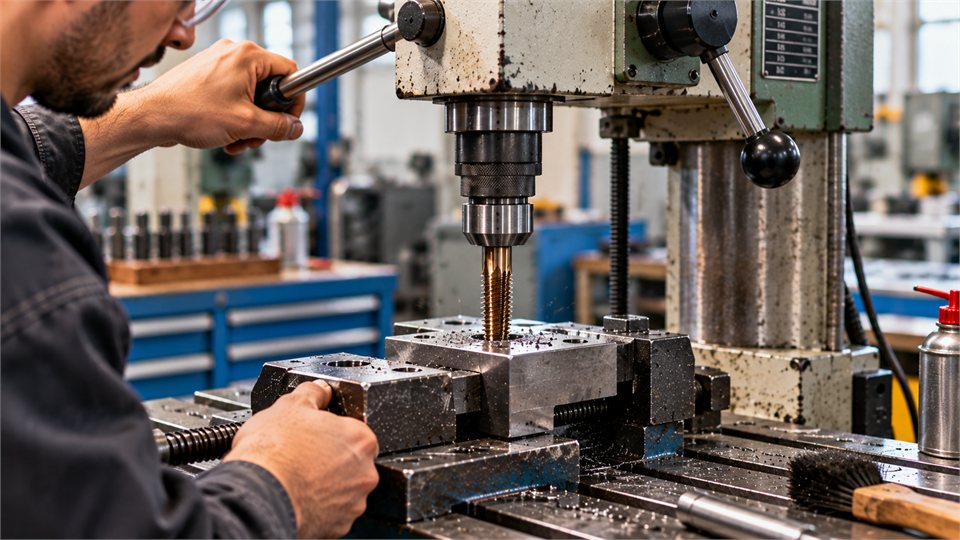 Gewindebohrer beim Schneiden eines Innengewindes in ein Metallbauteil.
