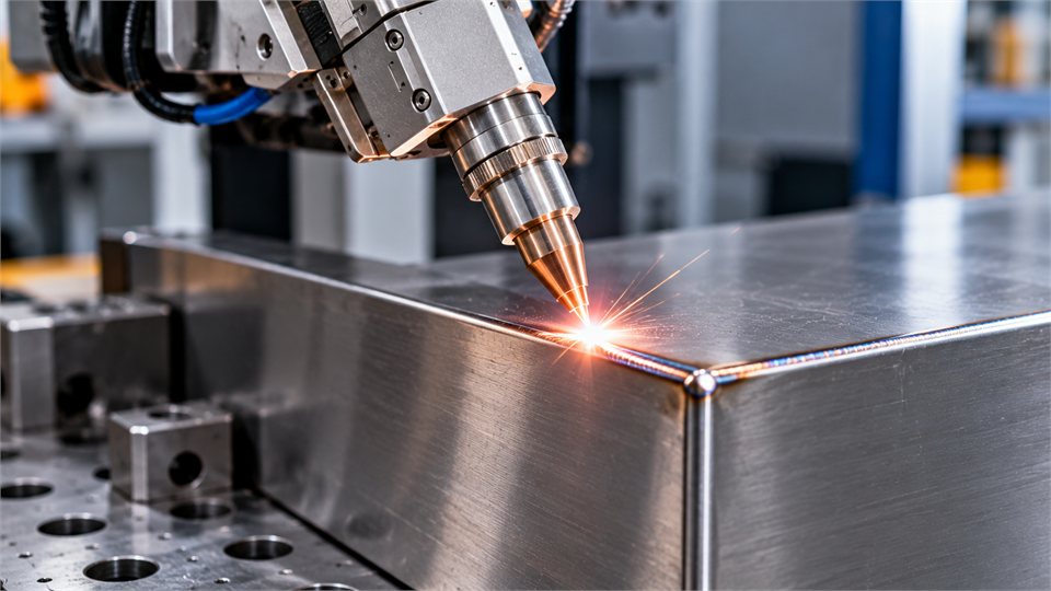 Laserschweißkopf beim Fügen von Metallbauteilen.
